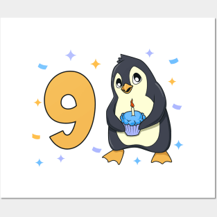 I am 9 with penguin - kids birthday 9 years old Posters and Art